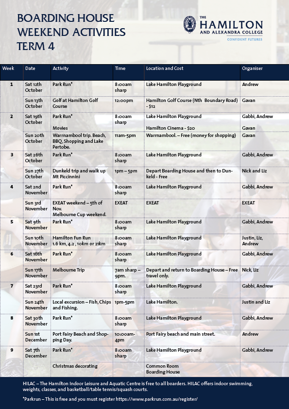 Term 4 boarding weekend activities 2019_Hamilton College